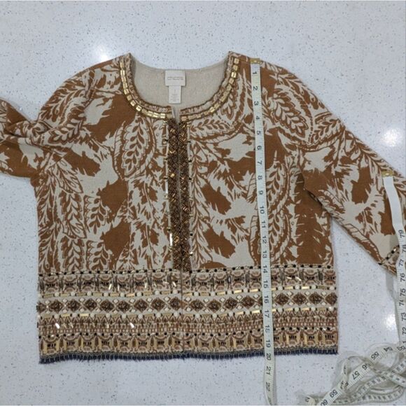 Chico's Tan Brown Open Front Crop Cardigan Sweater 3/4 Sleeve Embellished M/8 - Picture 6 of 11